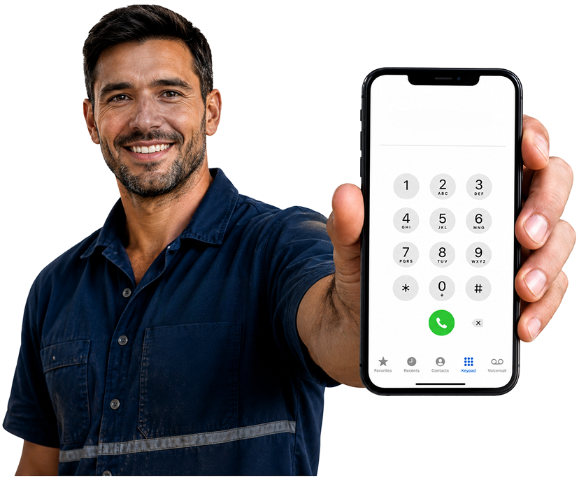 Granville Blocked Drains plumber holding a phone — call 1300 261 965