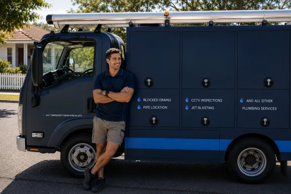 Plumber standing beside a service van in Granville