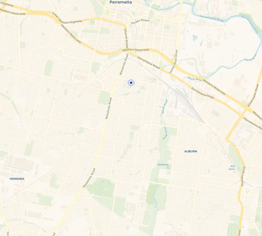 Map of the Granville service area and the surrounding Western Sydney, showing Granville and the nearby streets we cover.