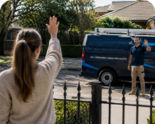 Customer waving goodbye to a Granville Blocked Drains plumber